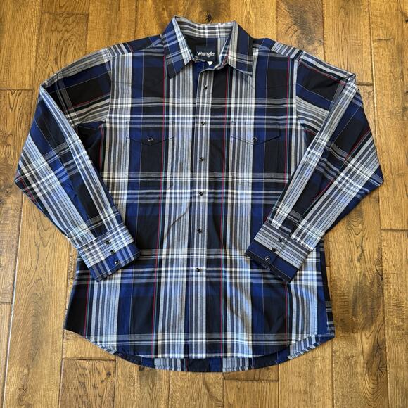 Wrangler Other - Wrangler Men Blue Black Plaid Pearl Snap Long Sleeve Button Up Western Shirt L